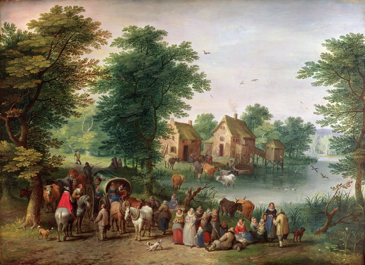 En mässa, (olja på trä) av Jan the Elder Brueghel