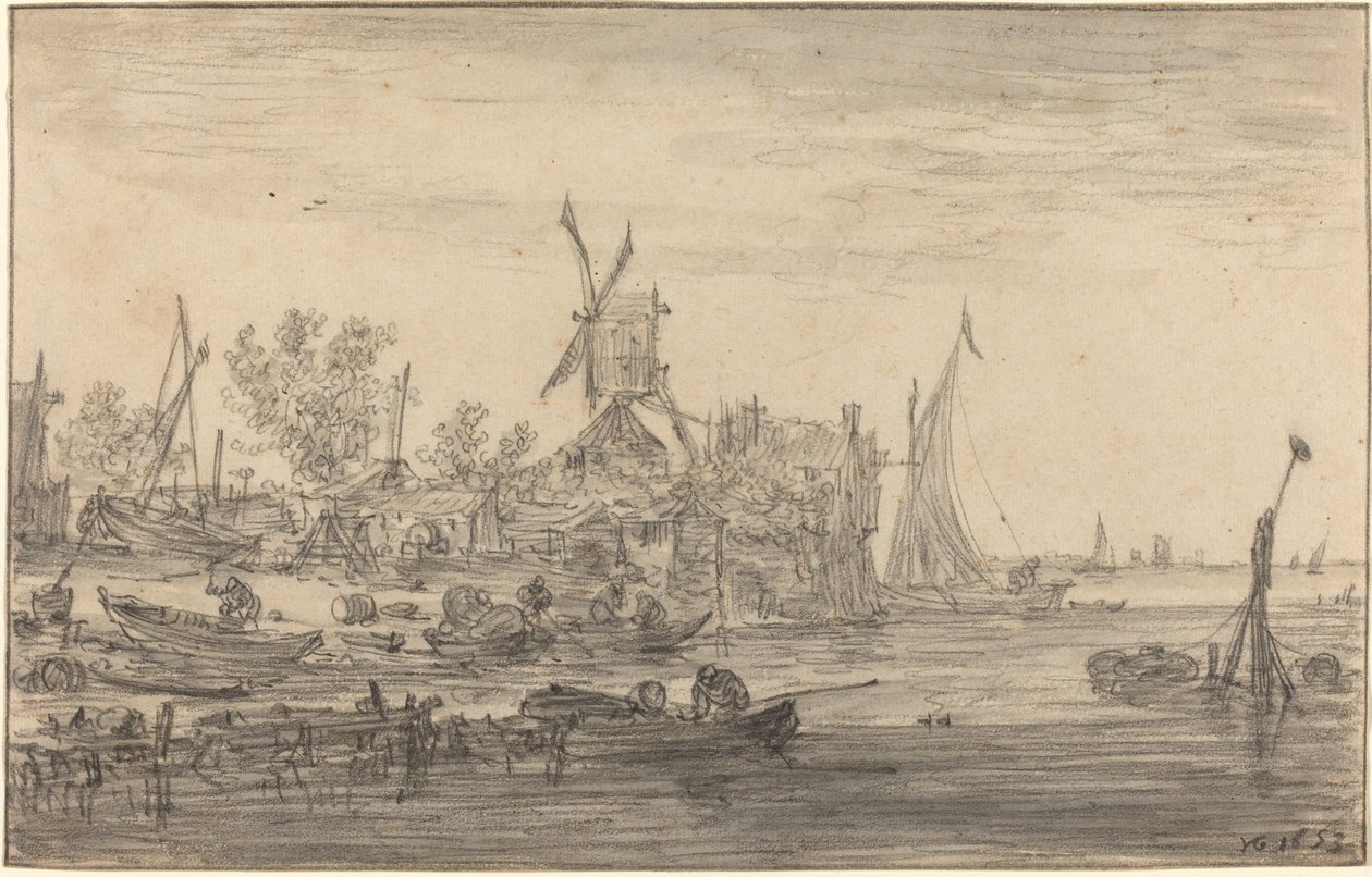 Scen på stranden med väderkvarn av Jan Josephsz van Goyen