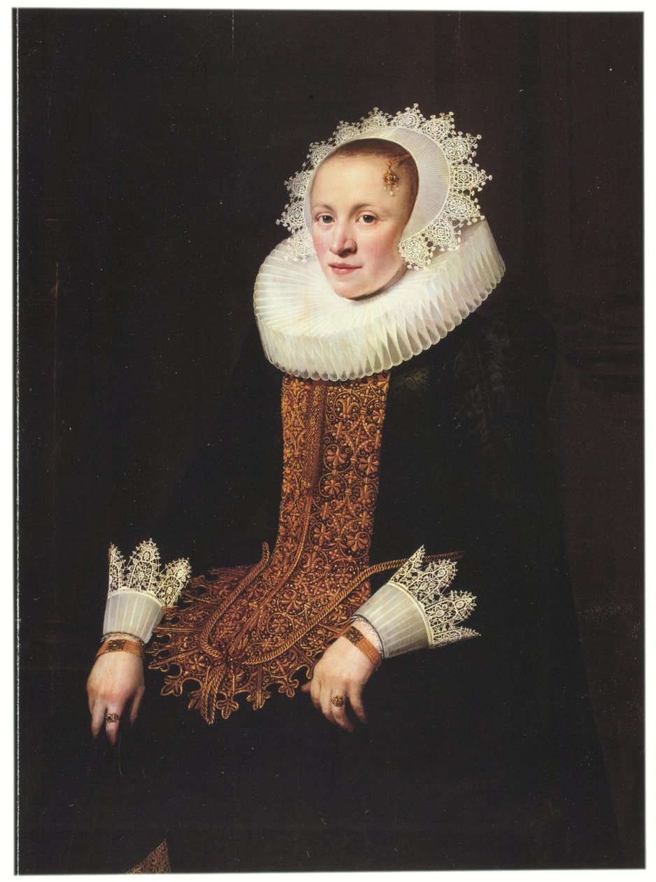 Porträtt av en ung kvinna i bröllopsstomacher, diademhätta och kvarnstensruff av Jan Anthonisz. van Ravesteyn