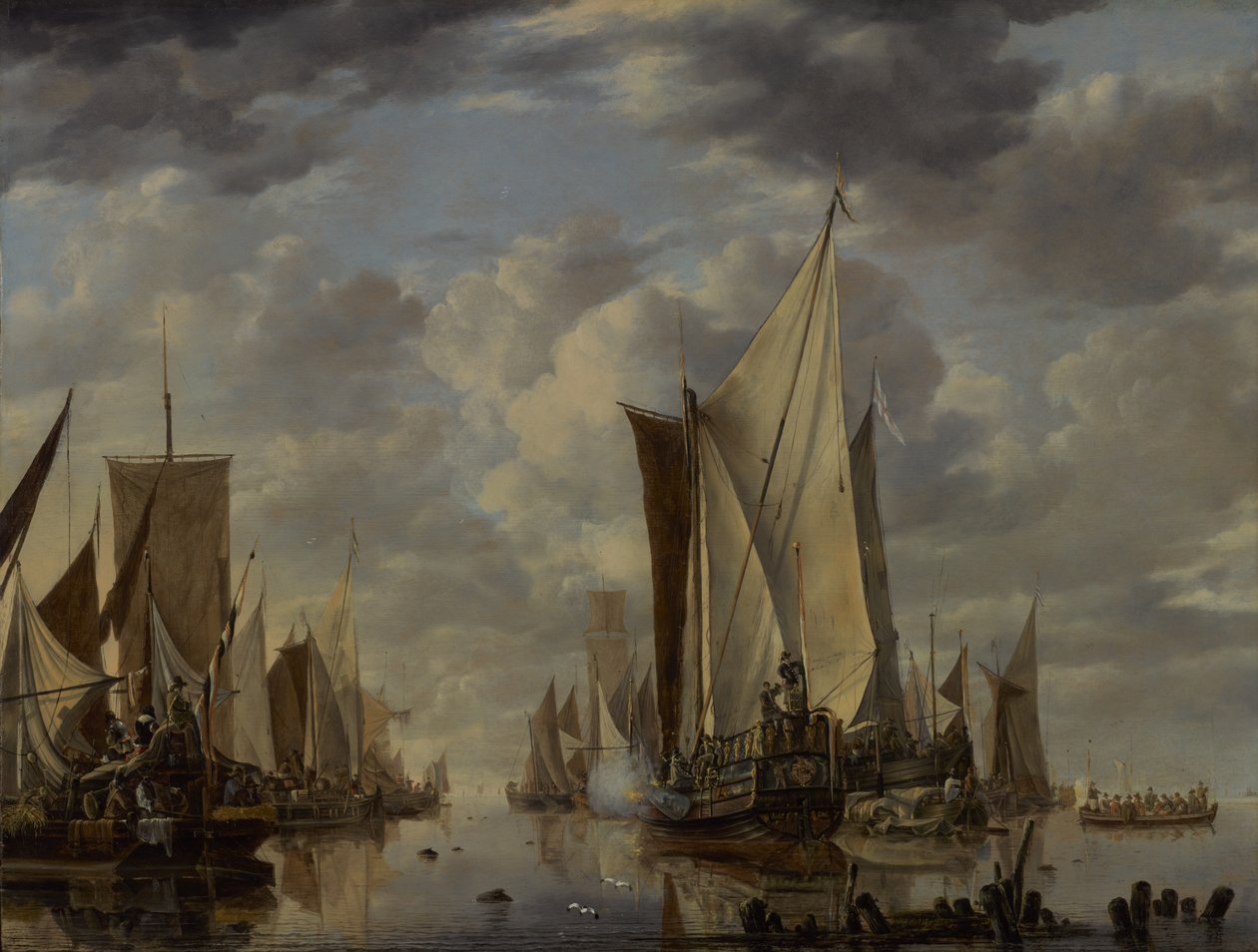 Shipping in a Calm at Flushing with a States General Yacht Firing a Salute av Jan van de Cappelle