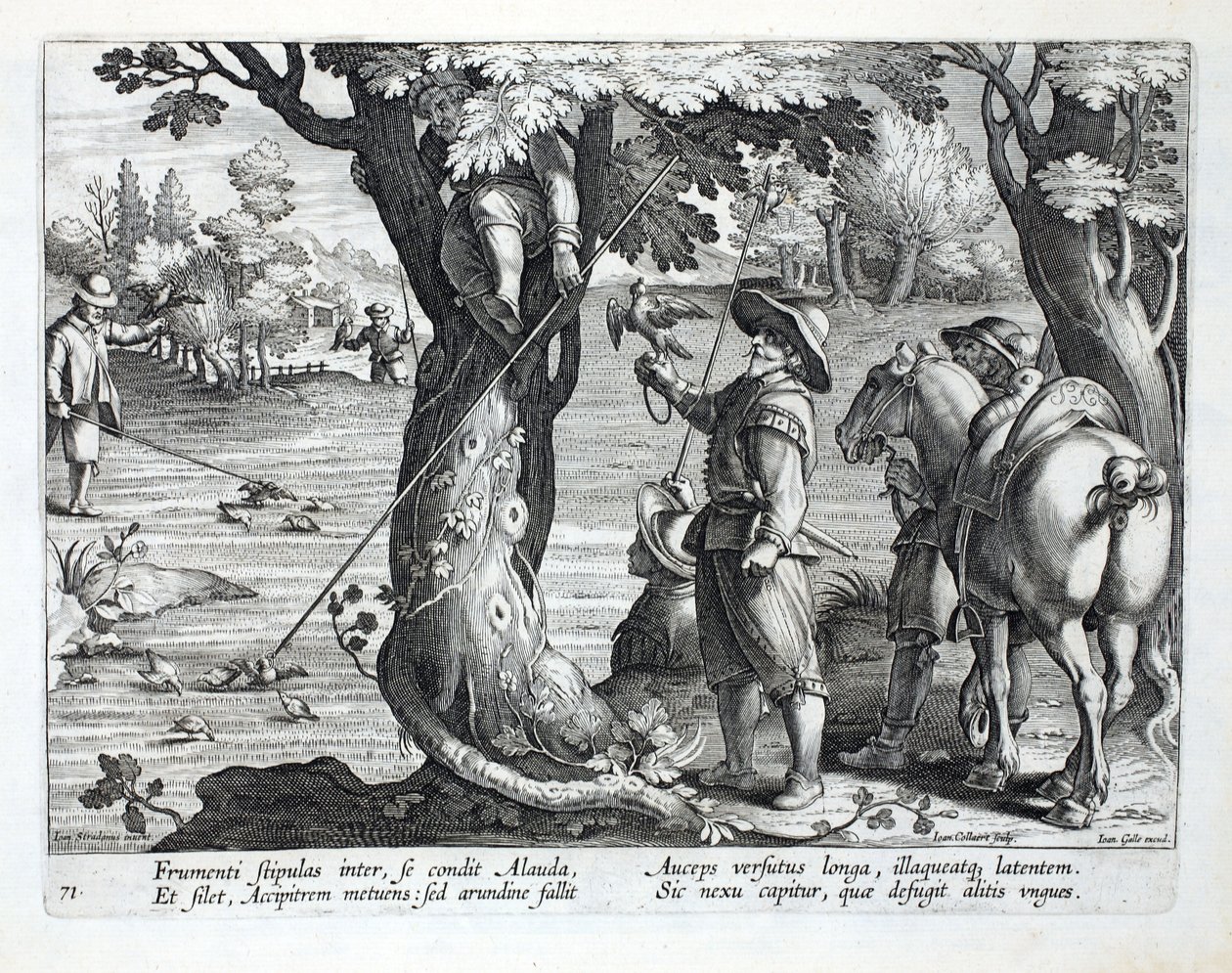 Fågelfångare som använder spön med ringar på för att fånga fåglar, illustration från 