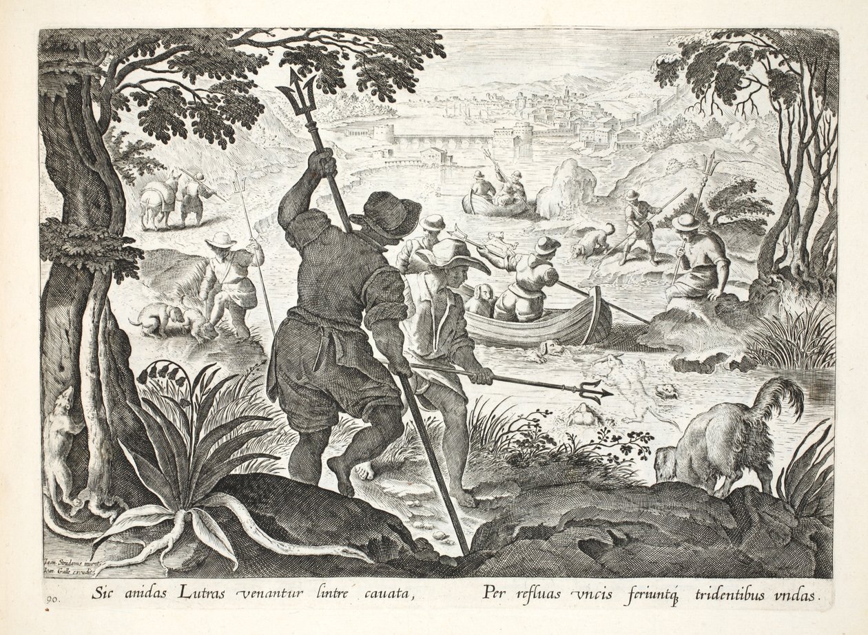 Fiske med treuddar, plansch 90, illustration från "Venationes, Ferarum, Avium, Piscium" (Om jakt: vilda djur, fåglar, fiskar), graverad av Jan Collaert (1566-1628), utgiven av Phillipus Gallaeus, Amste. av Jan van der Straet