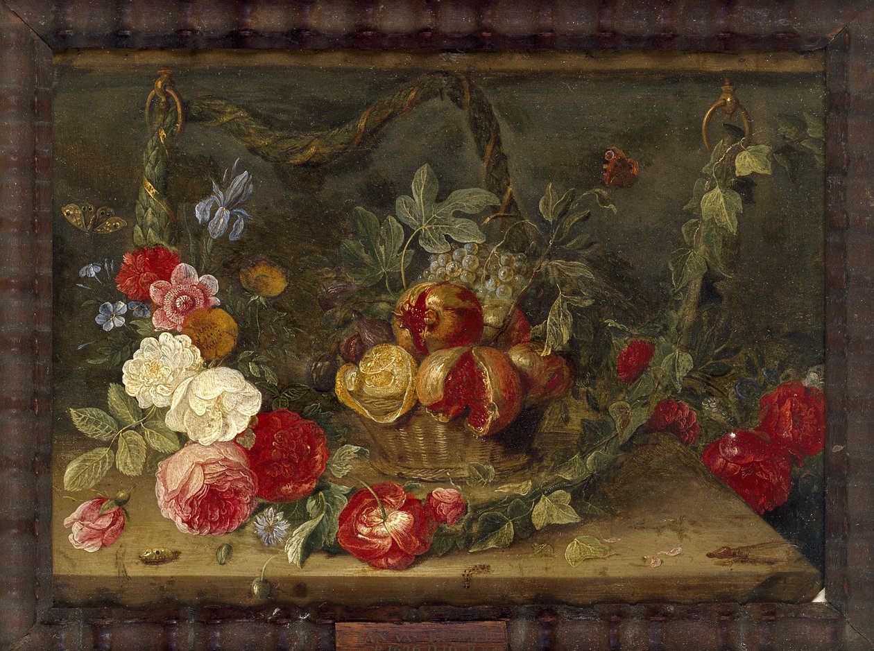 Dekorativ stillebenskomposition med en fruktkorg (olja på koppar) av Jan van Kessel the Elder