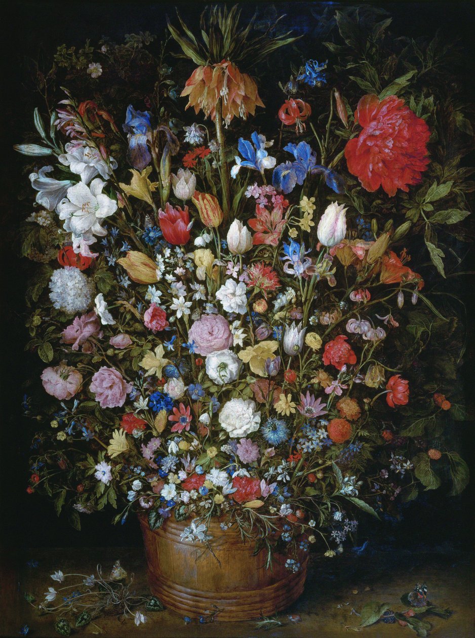 Blommor i ett träkärl av Jan Brueghel the Elder