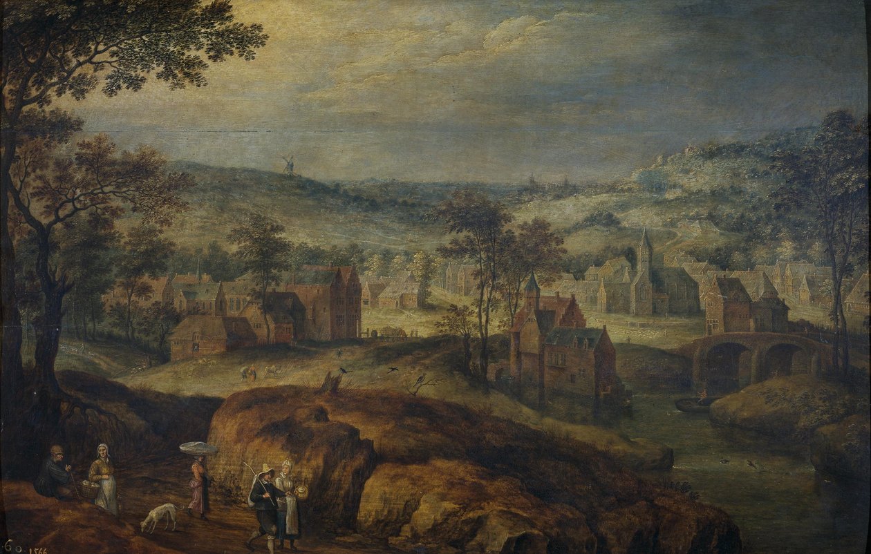 Landskap med by av Jan Brueghel the Elder