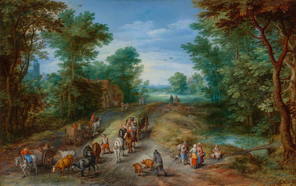 Skogbevuxen landskap med resenärer av Jan Brueghel the Elder