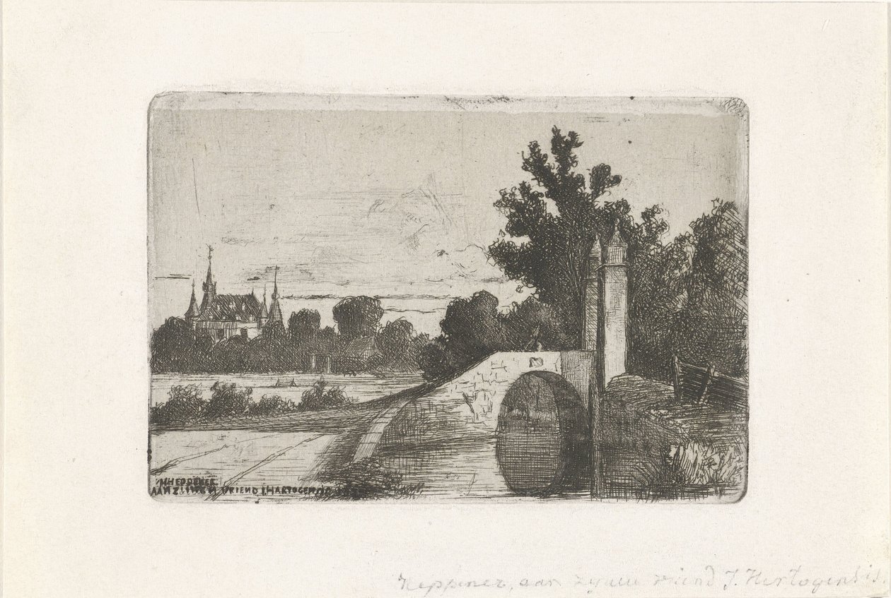 Landskap med stenbro och slott av Jan Heppener