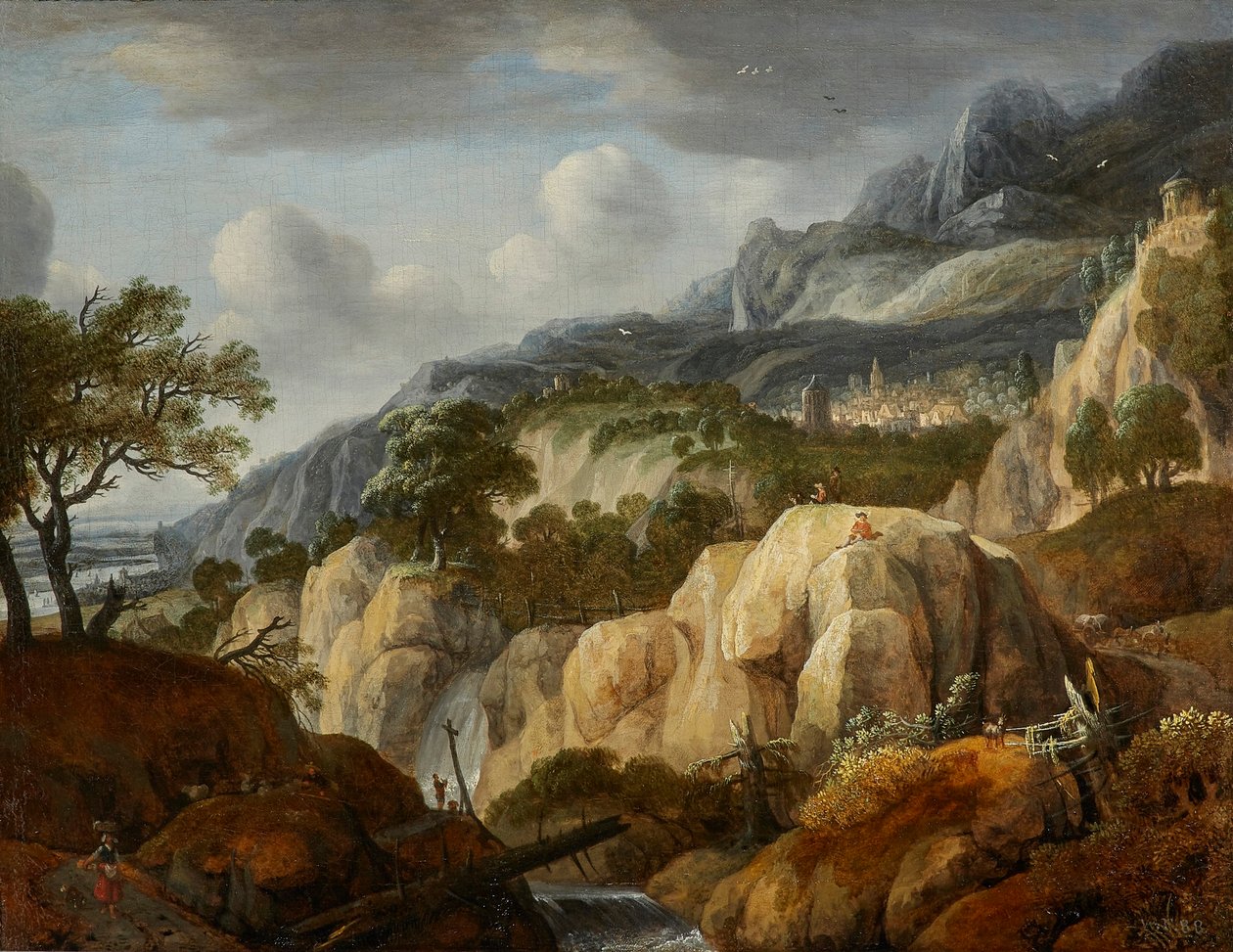 Bergslandskap med en tecknare av Jan Looten