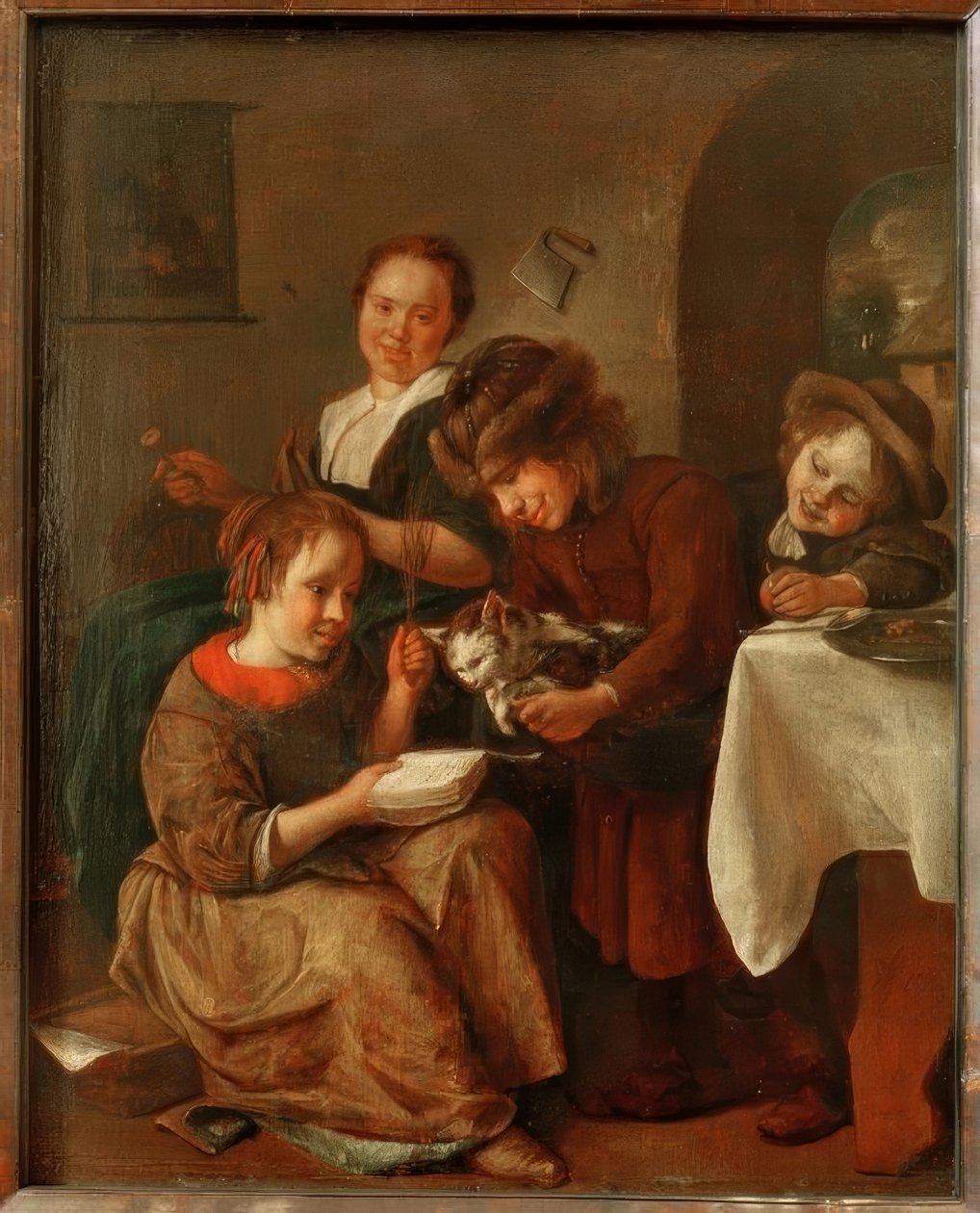 Barn lär en katt att läsa av Jan Havickszoon Steen