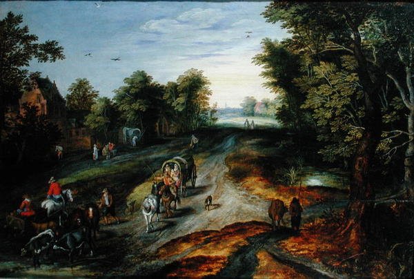 Landskap med en byväg av Jan studio of Brueghel