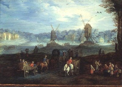 Landskap med väderkvarnar (panel) av Jan the Elder Brueghel