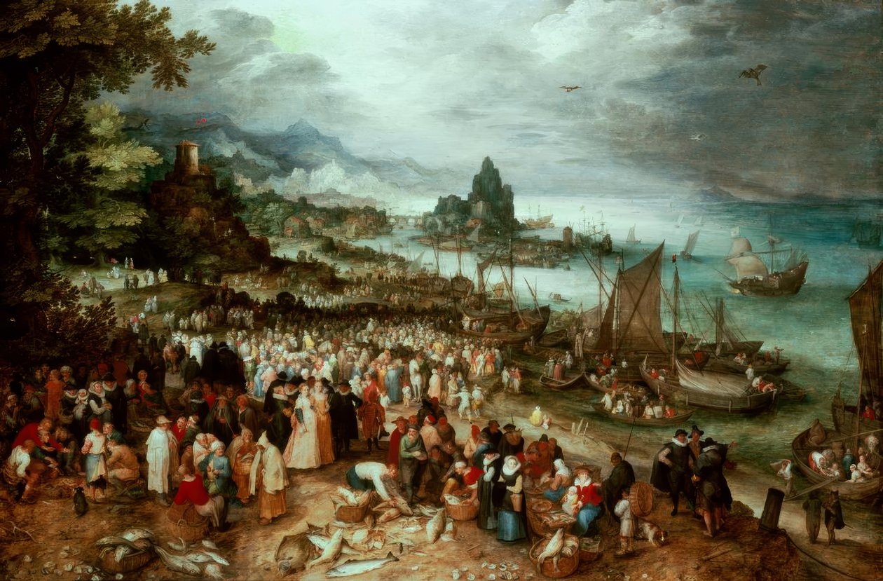 Havshamn med Kristi predikan av Jan the Elder Brueghel