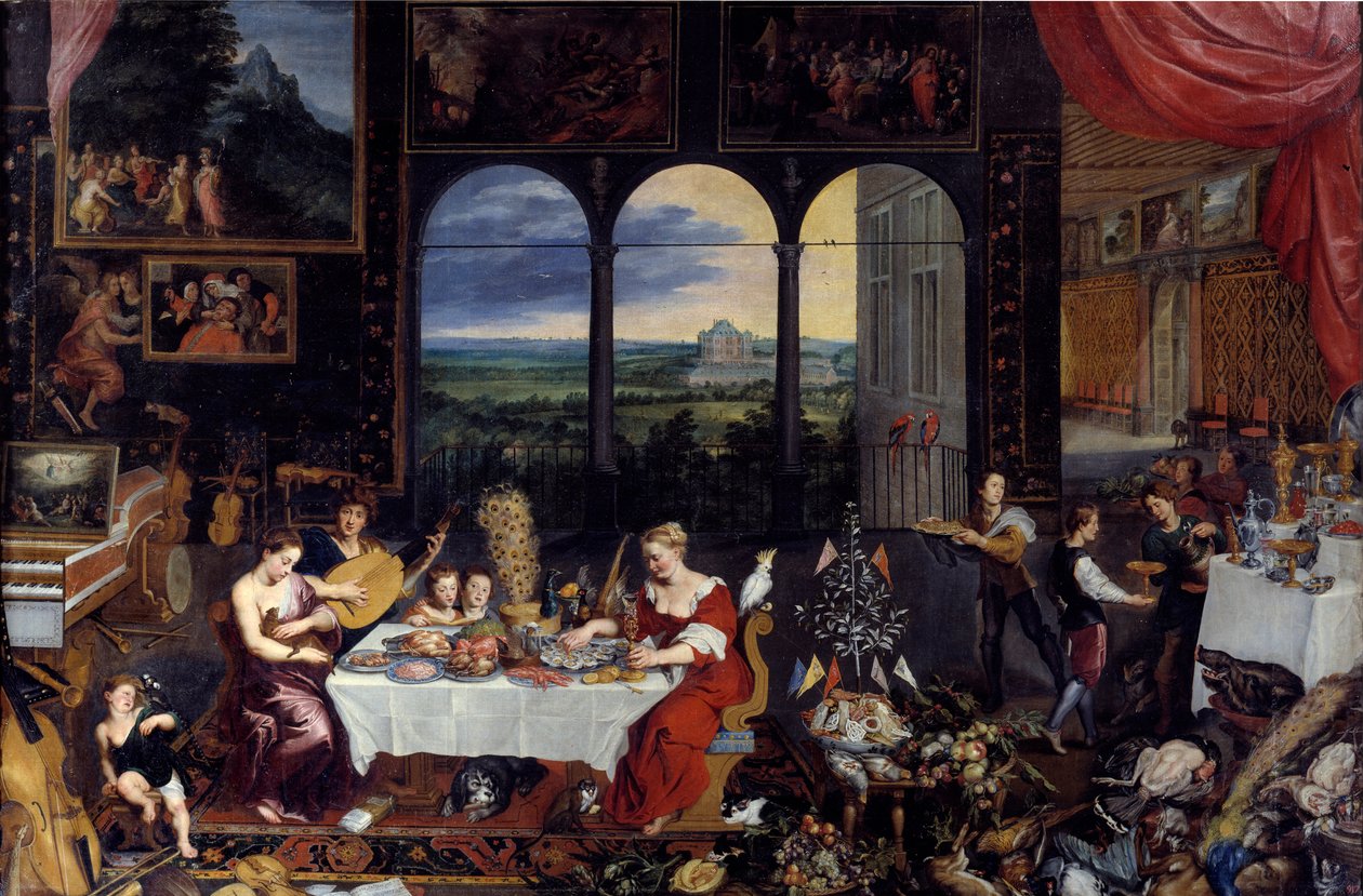 Smag, Hørelse og Berøring, 1618 swed av Jan the Elder Brueghel