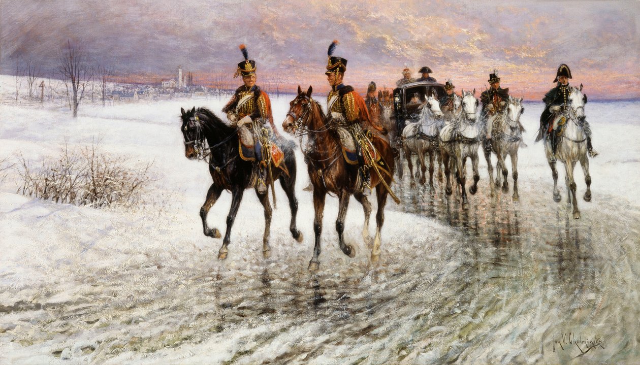 Napoleon drar sig tillbaka från Moskva, av Jan van Chelminski