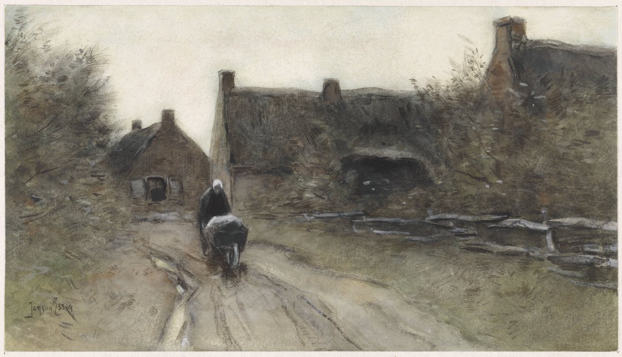 Byutsikt med kvinna med skottkärra av Jan van Essen
