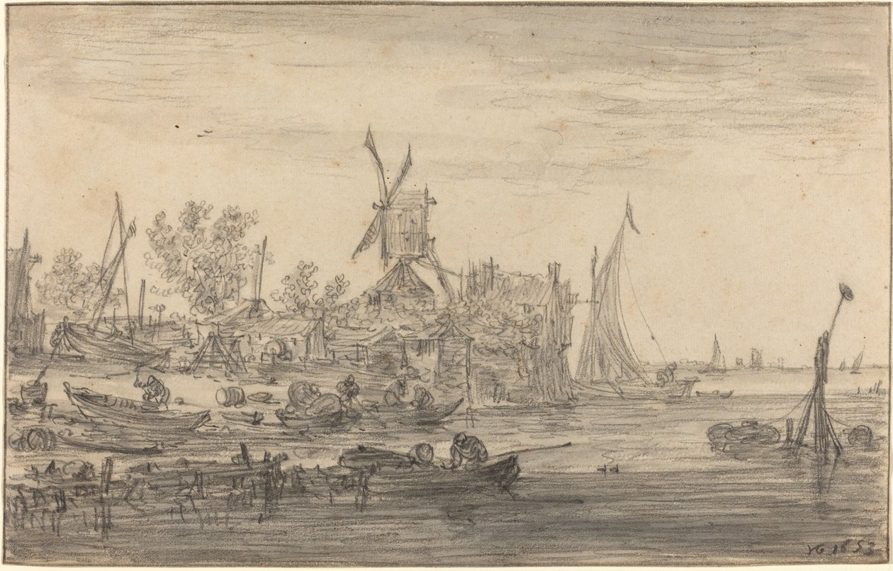 Foreshore scen med väderkvarn av Jan van Goyen