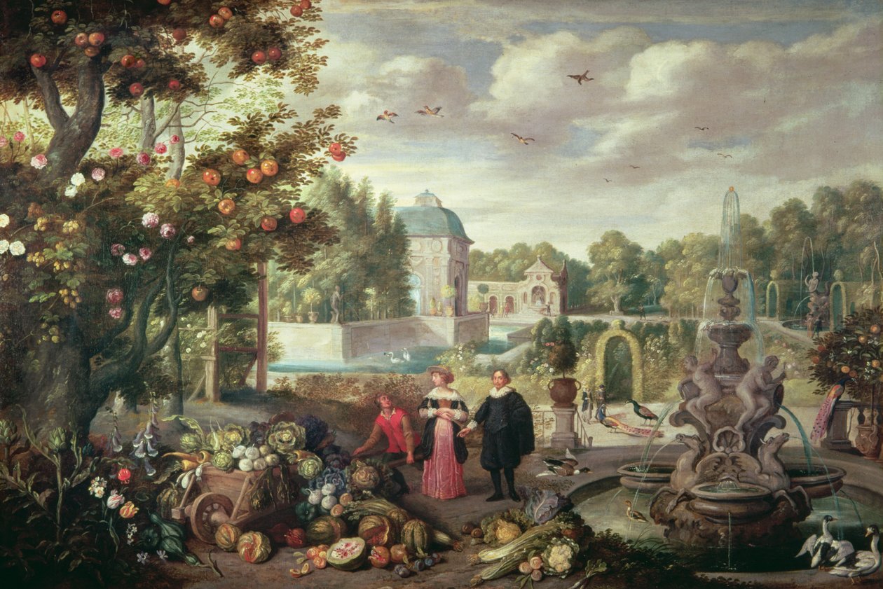 Trädgårdsscen med fontän av Jan van Kessel the Elder