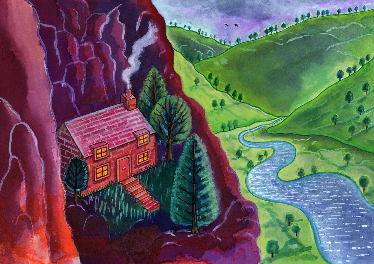 House in the Mountains, 2002, (bläck och gouache) av Jane Tattersfield