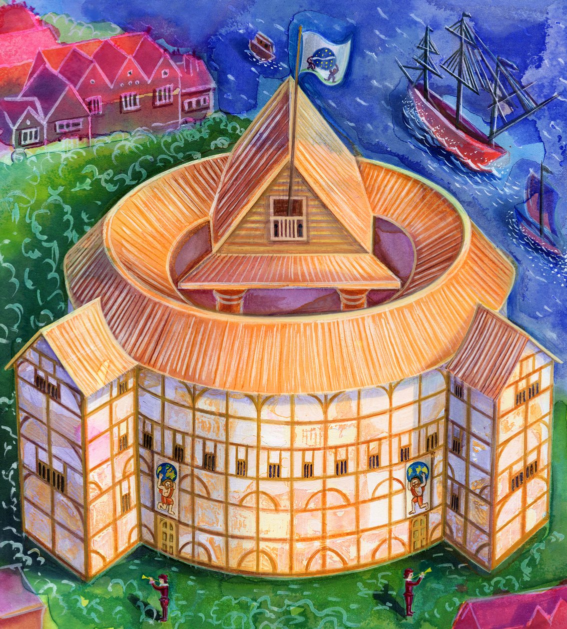 Shakespeares Globe Theatre, 2006, (bläck och gouache) av Jane Tattersfield