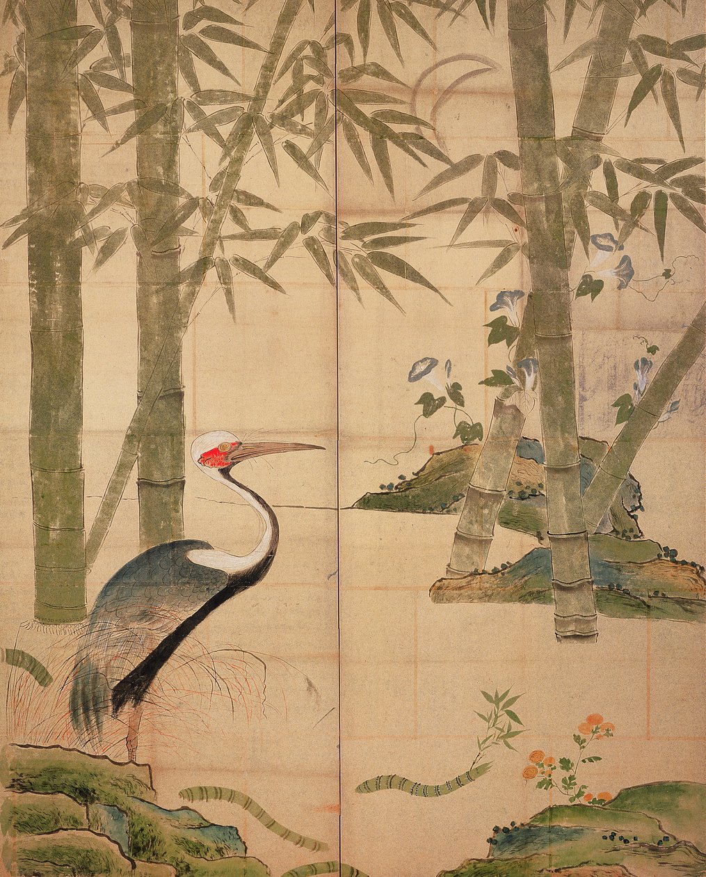 Bambu och kran, Edo-period (wc på panel) av Japanese School