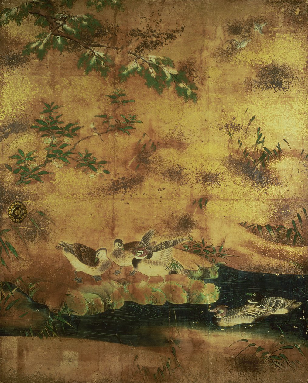 Skjutdörrspanel för fåglar och blommor (bläck, färger, guld och silver på papper) av Japanese School