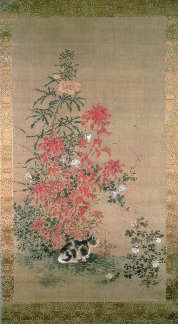 Katt bland blommor (bläck och färger på siden) av Japanese School