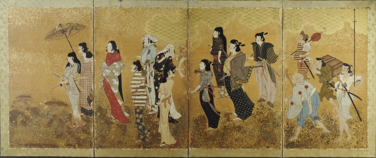 Cherry Blossom Viewing Picnic, c.1624-44 (fyrfaldig skärm, bläck, färg & bladguld på papper) av Japanese School