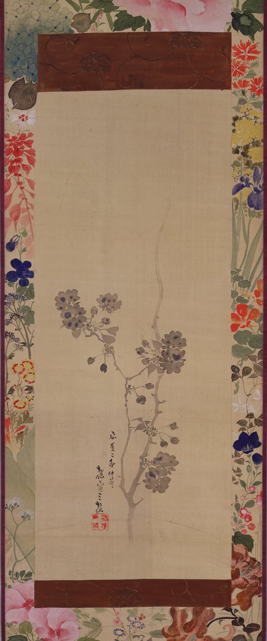 Körsbärsblommor med målat fäste, 1855 (bläck och färger på siden) av Japanese School