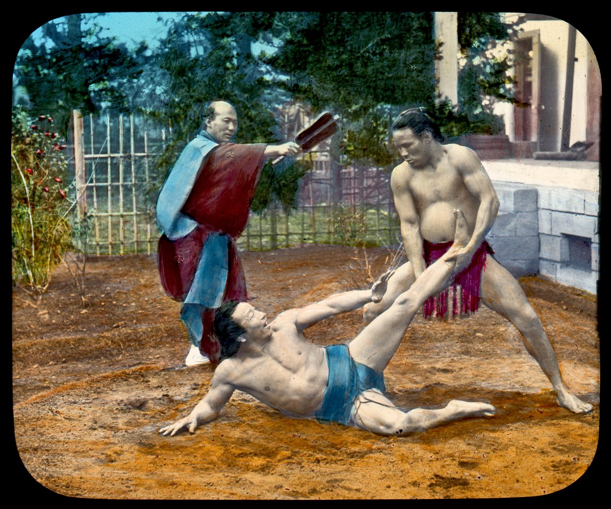 Magic Lantern Slide av Sumo Wrestlers. 1895 av Japanese School