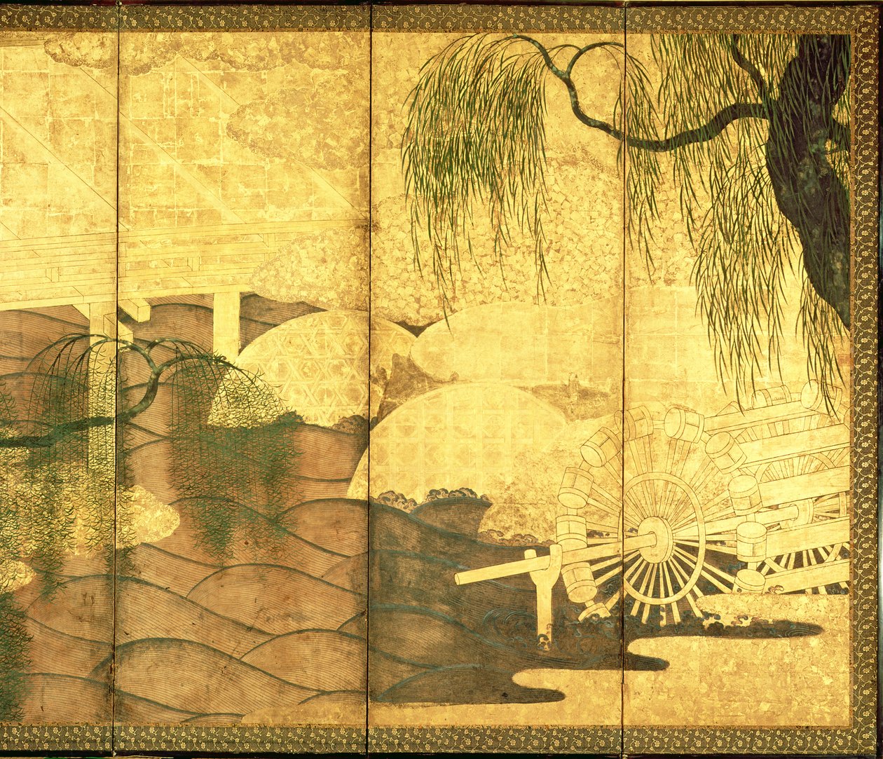 Broen over Liji-floden (pen og blæk, farve og guldpapir på panel) (se 216569) swed av Japanese School