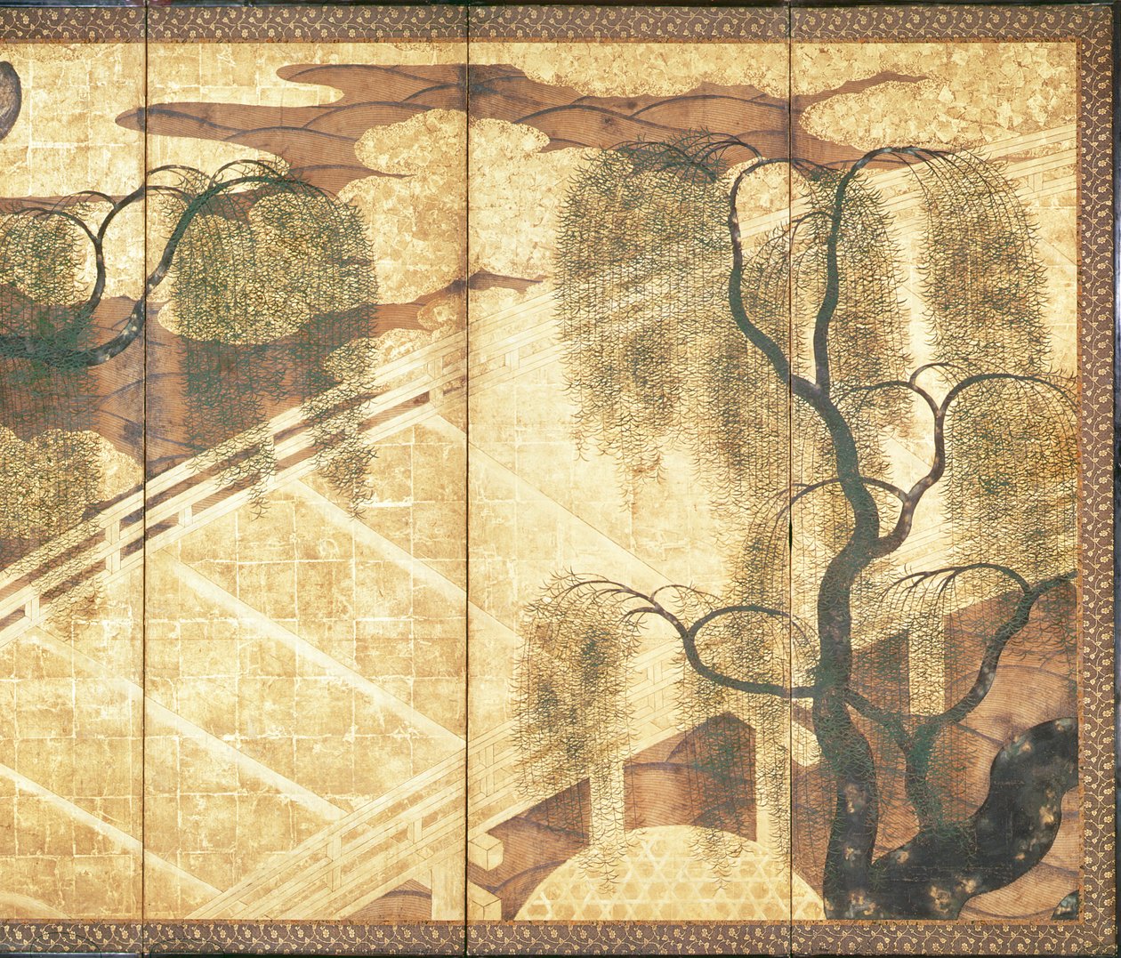 Bron över Lijifloden (penna och bläck, färg och guldpapper på panel) (se 216571) av Japanese School