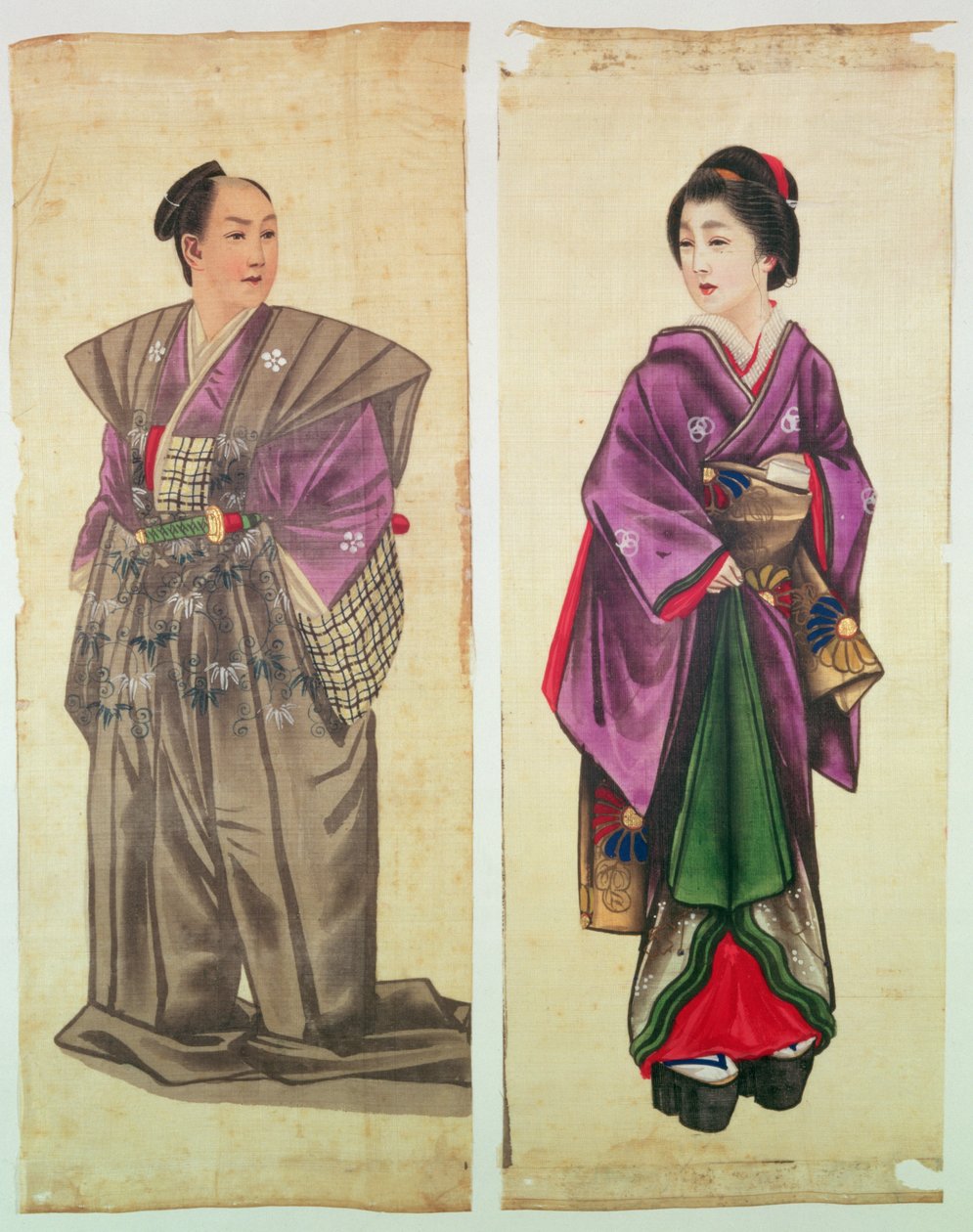 Två japanska figurer (målat siden) av Japanese School
