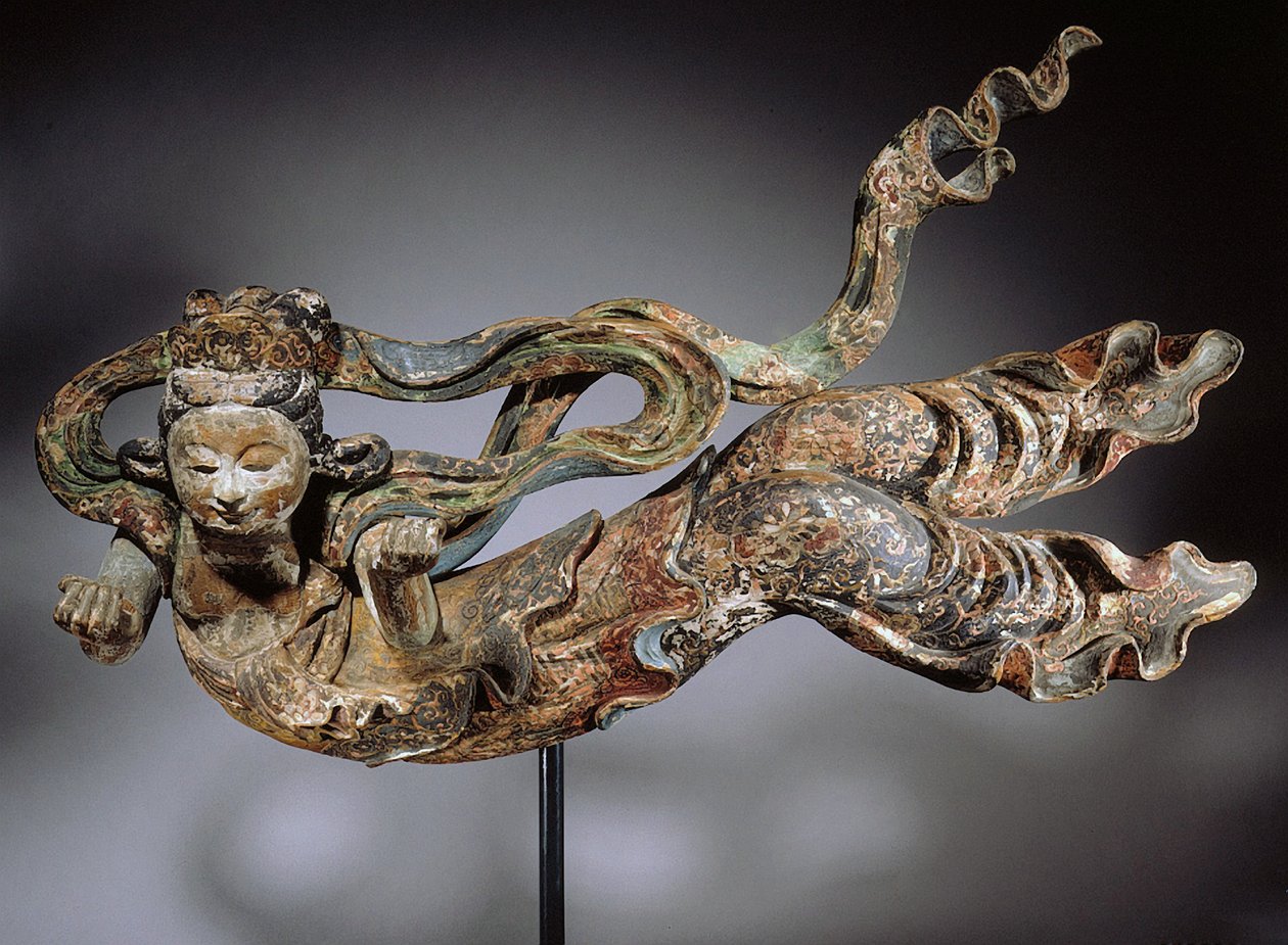 Apsaras, 1600-1700-tal (polykromt trä) av Japanese School