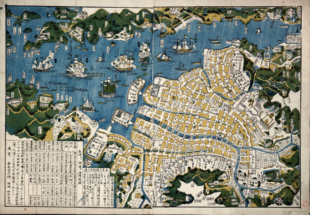 Karta över Nagasaki, Japan, ca 1868 (kolorerat träsnitt) av Japanese School