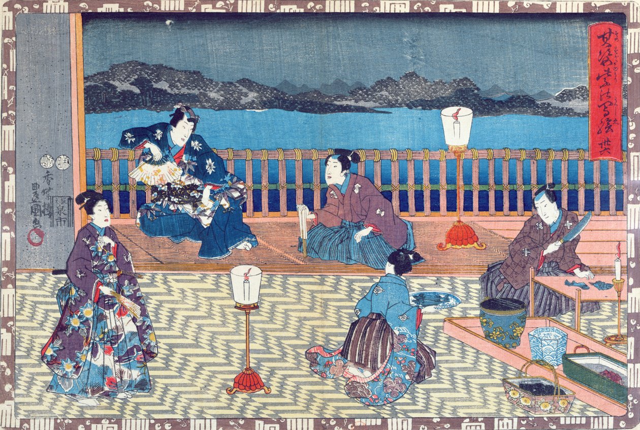 Förbereda fisk (träsnitt i färg) av Japanese School