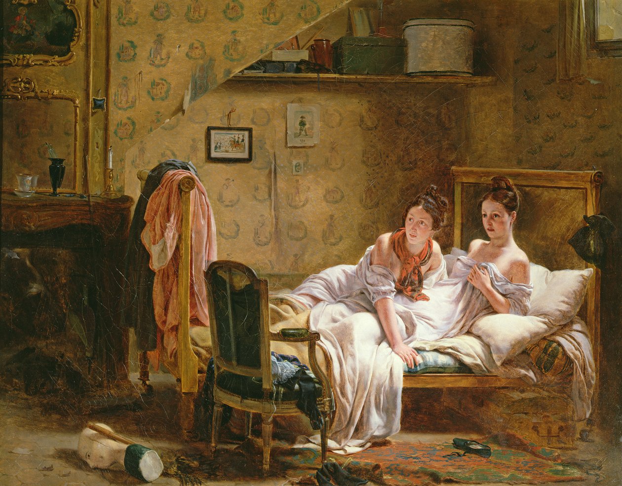 Två kvinnor i en säng störda av en katt av Jean Alphonse Roehn