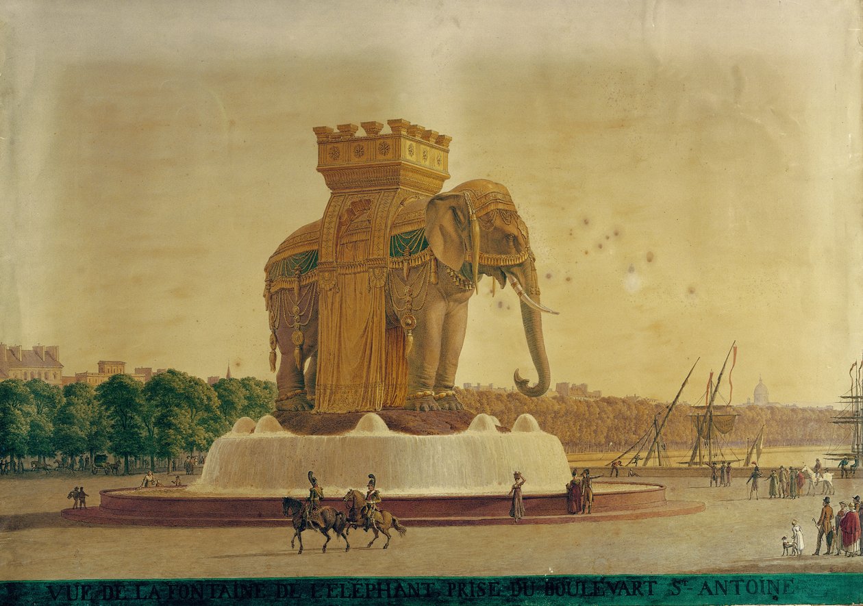 Utsikt över elefantfontänen vid Place de la Bastille, ca 1805-1810 (wc på papper) av Jean Antoine Alavoine