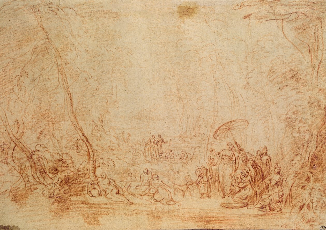Räddning av Moses från vattnet (sangvin på papper) av Jean Antoine Watteau