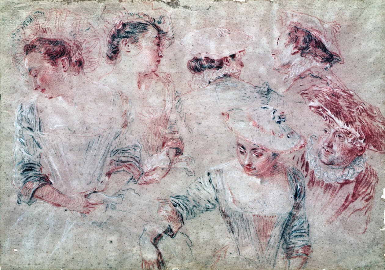 Sex studier (kol och rödkrita på papper) av Jean Antoine Watteau