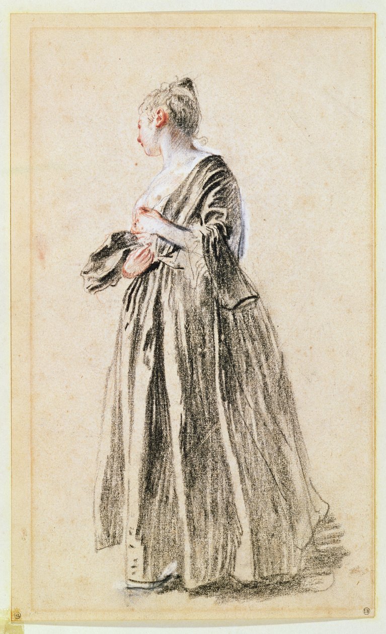 Stående kvinna (röd, svart och vit krita på papper) av Jean Antoine Watteau