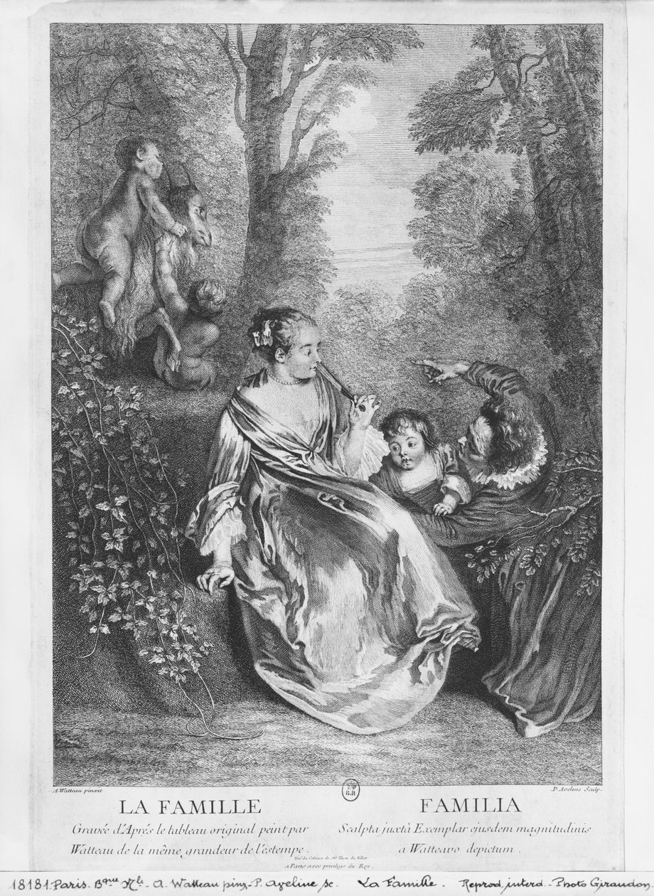 Familjen, graverad av Pierre Aveline (ca 1656-1722) av Jean Antoine Watteau