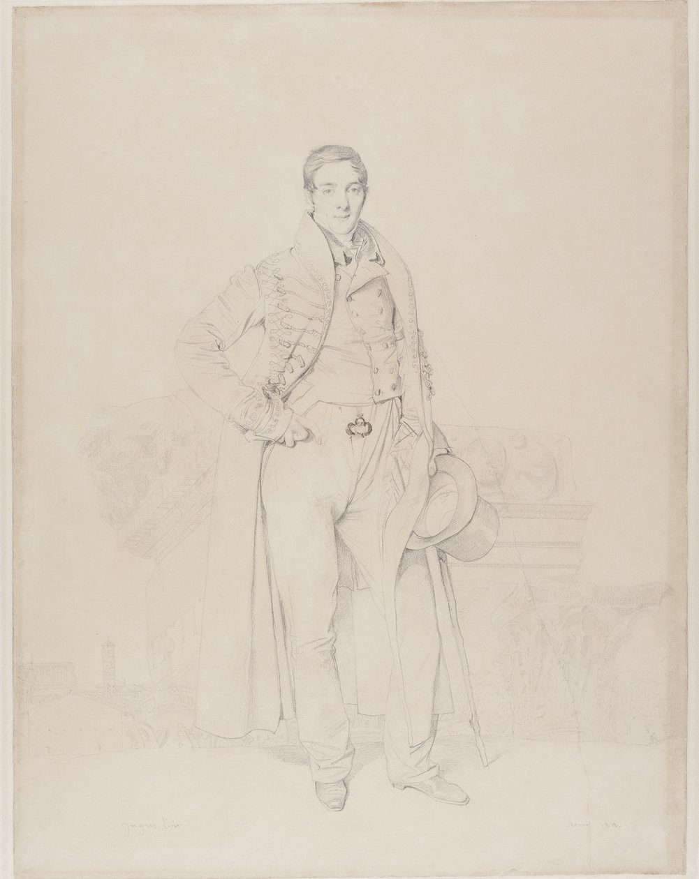 Porträtt av arkitekten Alexandre Bénard, fullängd, med fragment av klassiska versaler, Forum Romanum bortom, 1818 (grafit & kroppsfärg på krämvävt papper) av Jean Auguste Dominique Ingres