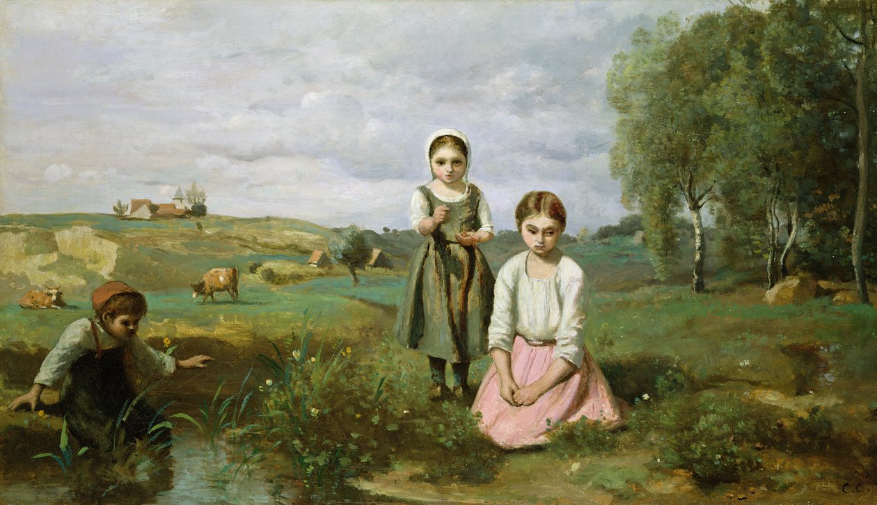 Barn vid en bäck på landsbygden, Lormes av Jean Baptiste Camille Corot