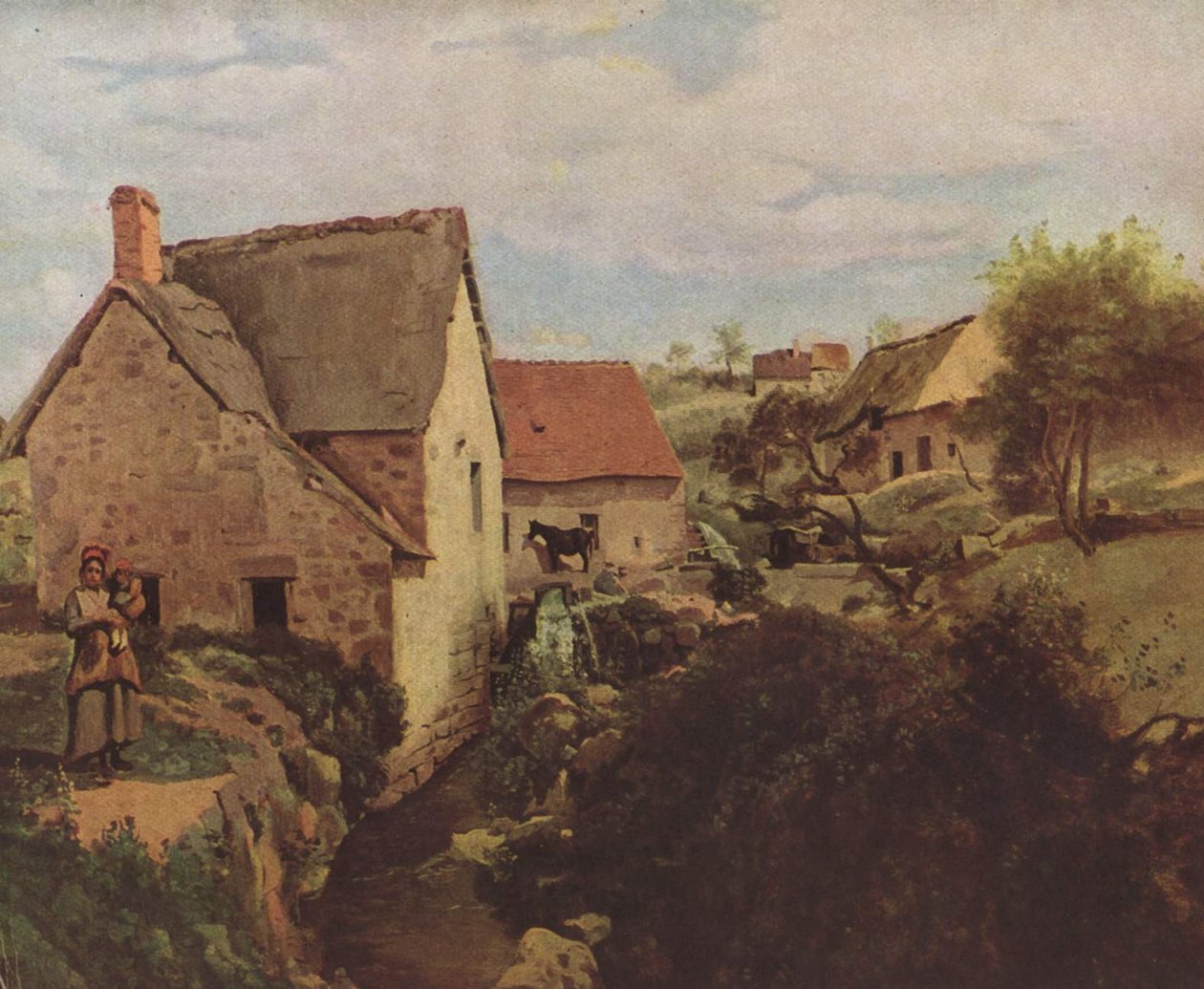Cottages and a Mill on the Banks of a Stream av Jean Baptiste Camille Corot