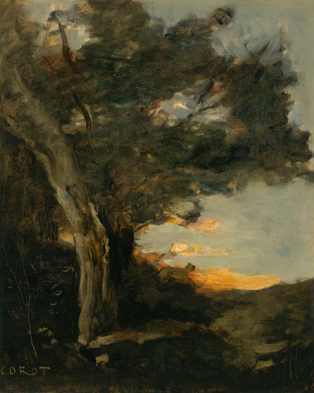 Coucher de soleil avec une Lionne  av Jean Baptiste Camille Corot