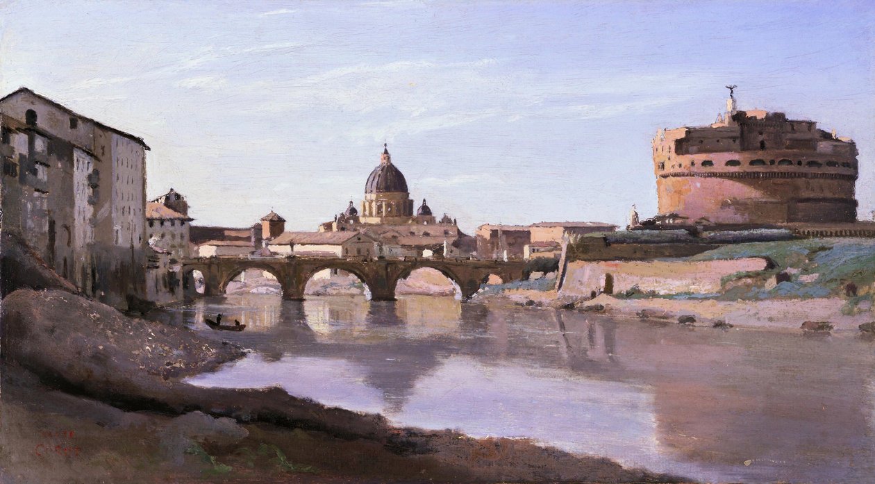 The Bridge and Castel SantAngelo with the Cupola of St. Peters av Jean Baptiste Camille Corot