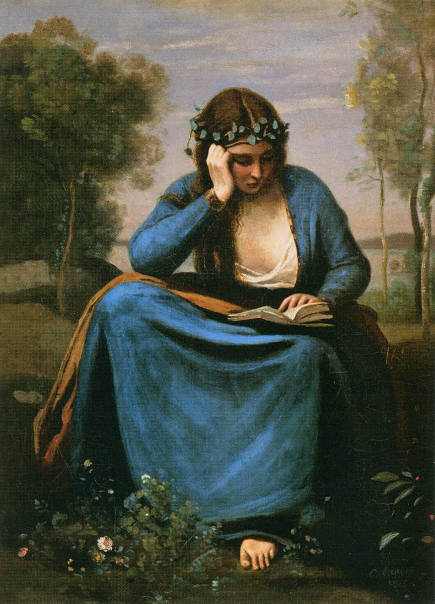 The Reader Wreathed with Flowers  av Jean Baptiste Camille Corot