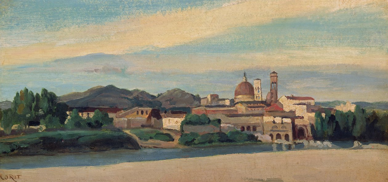 Utsikt över en italiensk by (olja) av Jean Baptiste Camille Corot