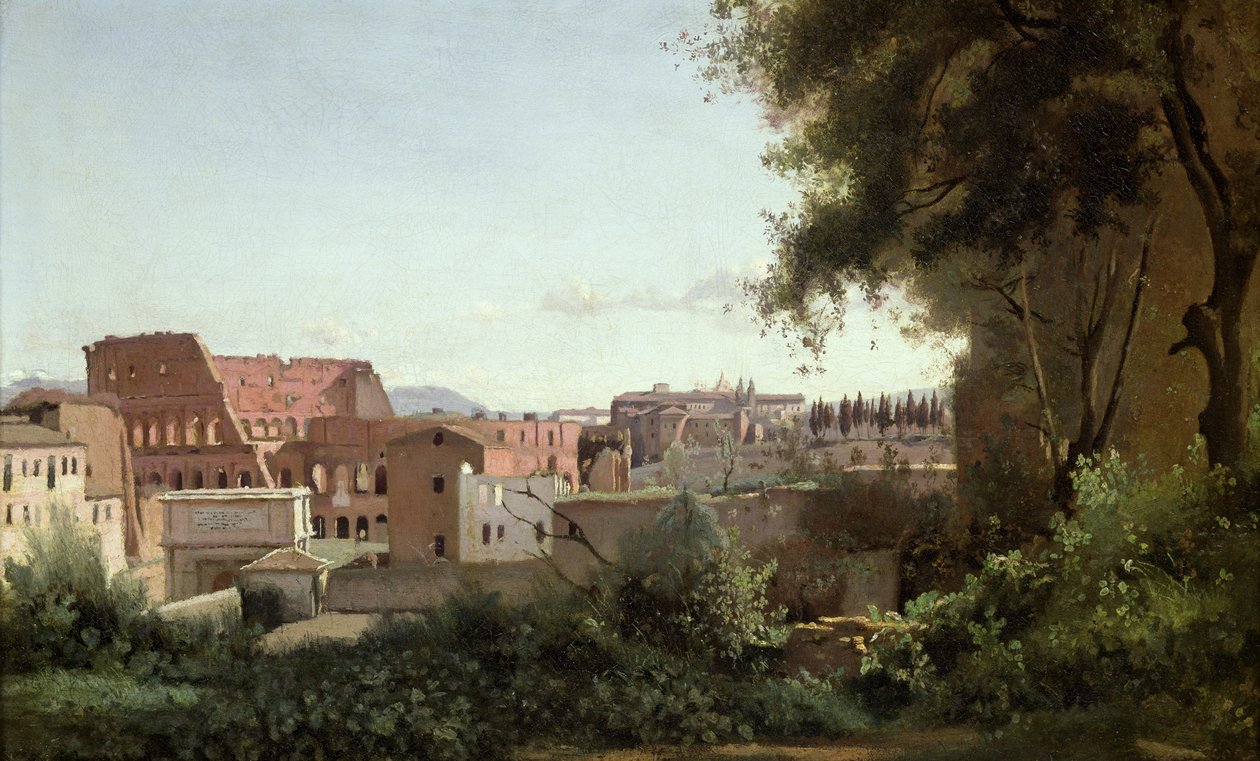 Utsikt över Colosseum från Farnese Gardens, 1826 (olja på papper på duk) av Jean Baptiste Camille Corot