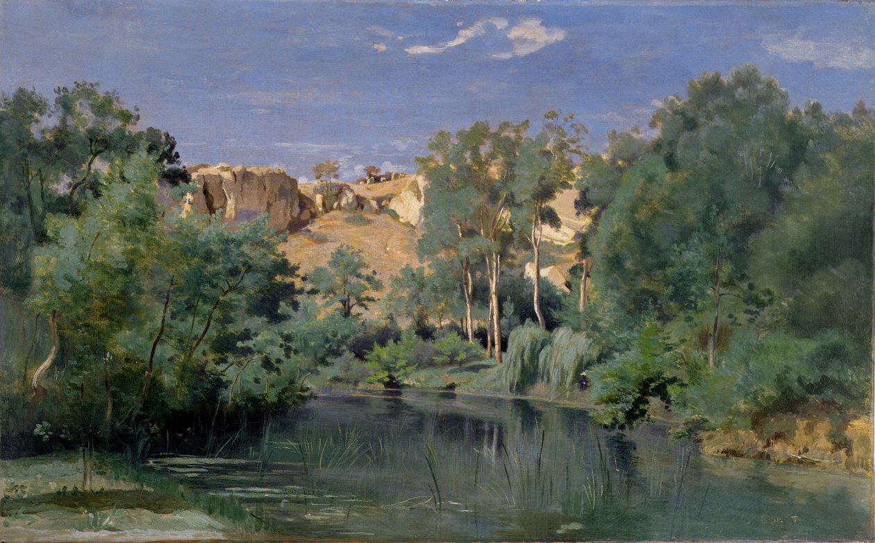 Skogbevuxen landskap med en damm, c.1830-tal av Jean Baptiste Camille Corot